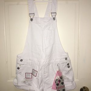 White, distressed short-overalls